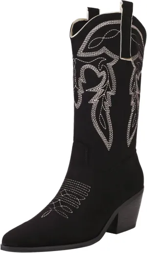 Reitoye Women's Embroidered Western Cowboy Boots Mid Calf Chunky Heel Pull-Up Tabs Classic Cowgirl Boot