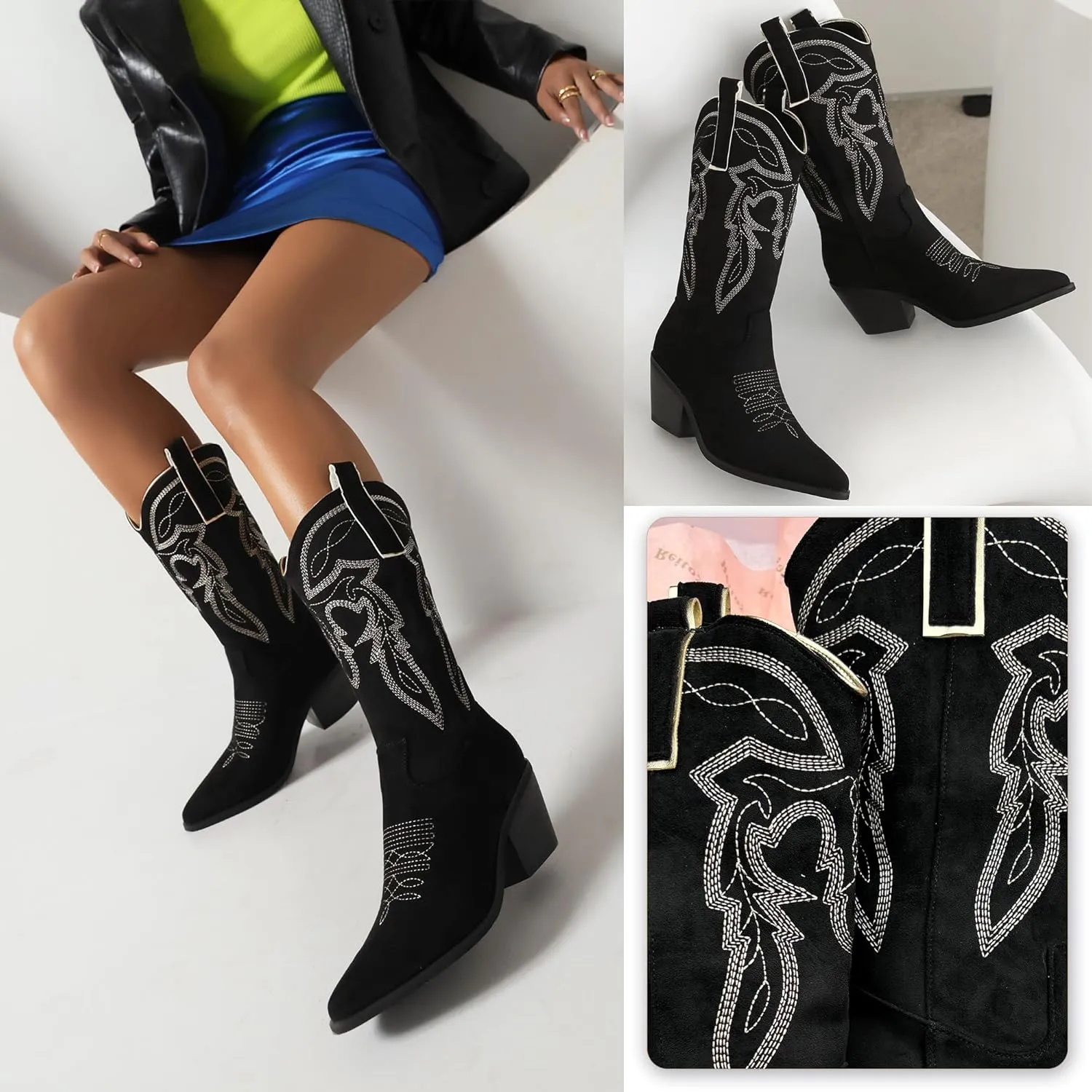 Reitoye Women's Embroidered Western Cowboy Boots Mid Calf Chunky Heel Pull-Up Tabs Classic Cowgirl Boot
