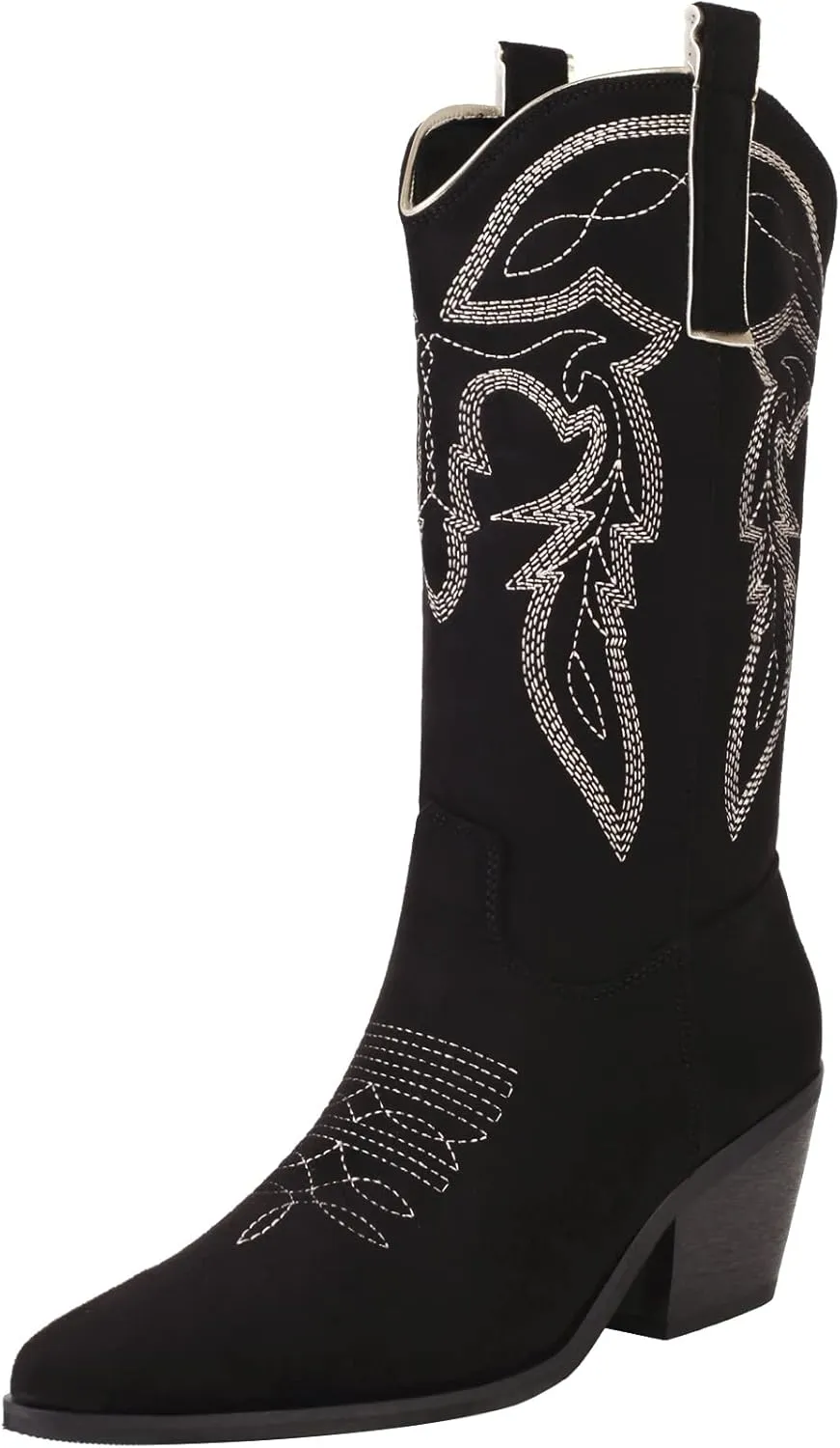 Reitoye Women's Embroidered Western Cowboy Boots Mid Calf Chunky Heel Pull-Up Tabs Classic Cowgirl Boot