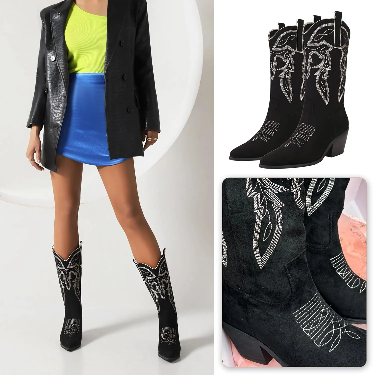 Reitoye Women's Embroidered Western Cowboy Boots Mid Calf Chunky Heel Pull-Up Tabs Classic Cowgirl Boot