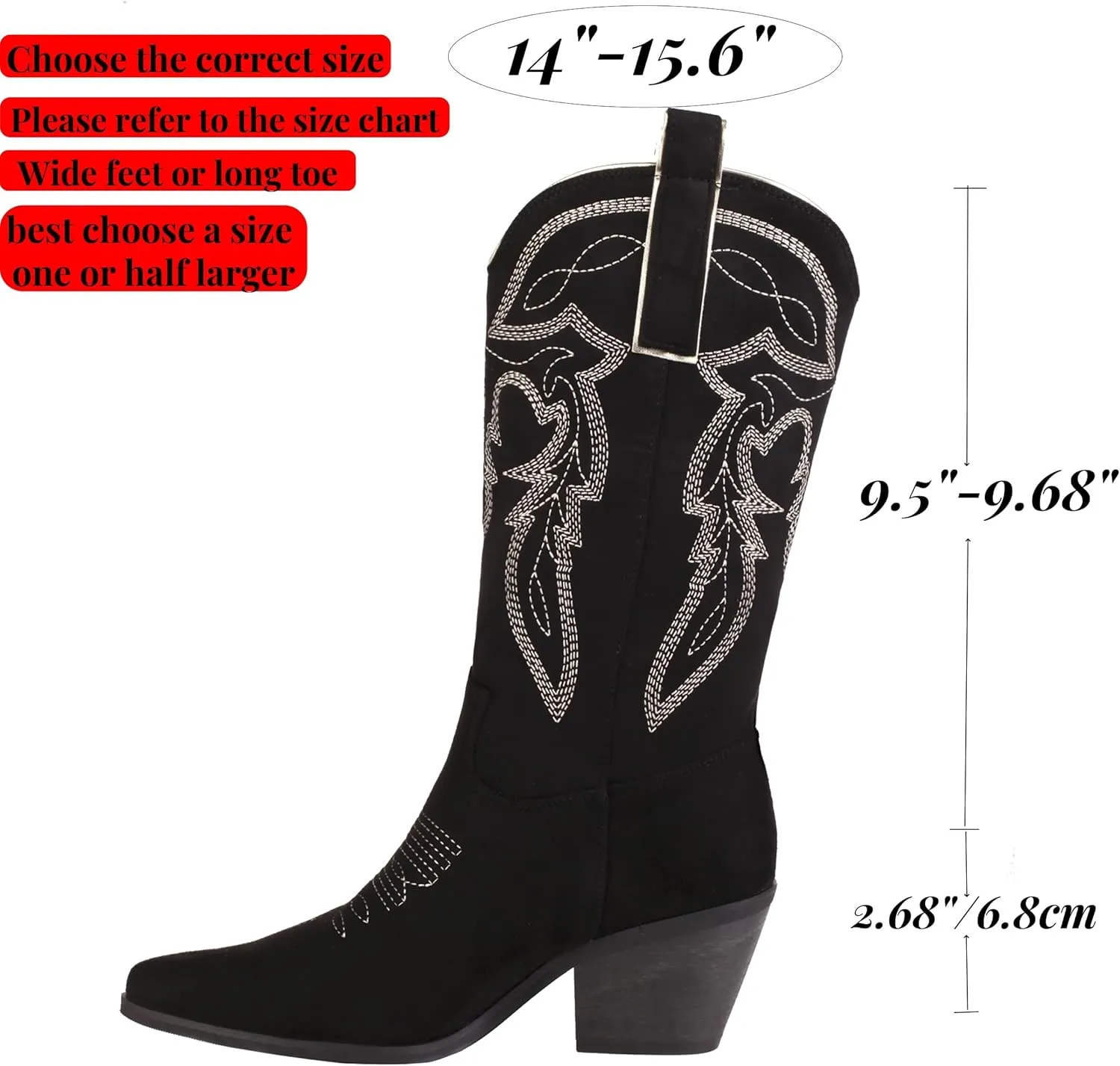 Reitoye Women's Embroidered Western Cowboy Boots Mid Calf Chunky Heel Pull-Up Tabs Classic Cowgirl Boot
