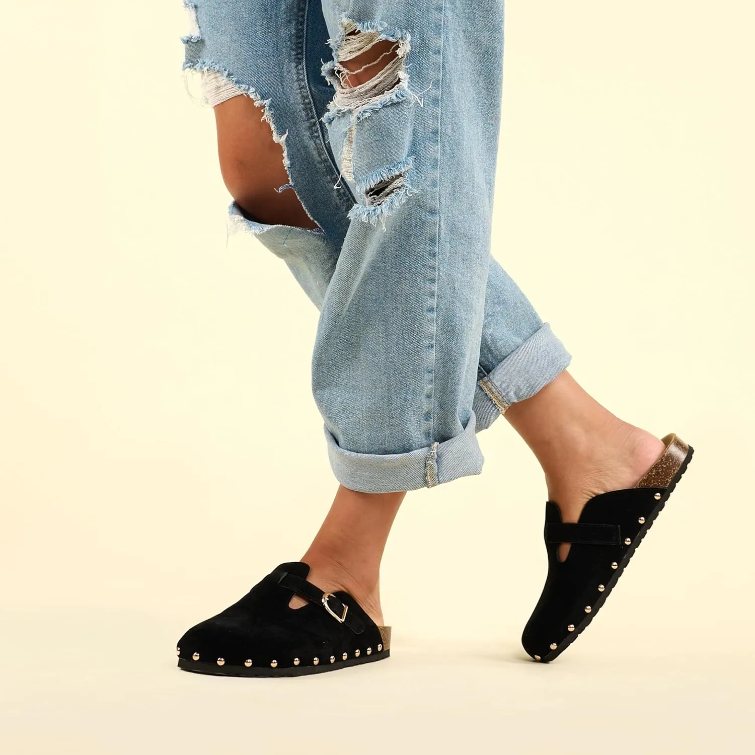 RF ROOM OF FASHION Women's Soft Faux Suede Footbed Cork Clog Antislip Slippers Buckle Mules House Sandals Potato Shoes