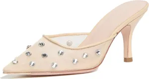 Rhinestone Mules for Women Comfortable Mesh Lace Design with Shiny Embellishments Pointed Toe Pull-On Style Perfect for Wedding Office or Date Night Dress Up