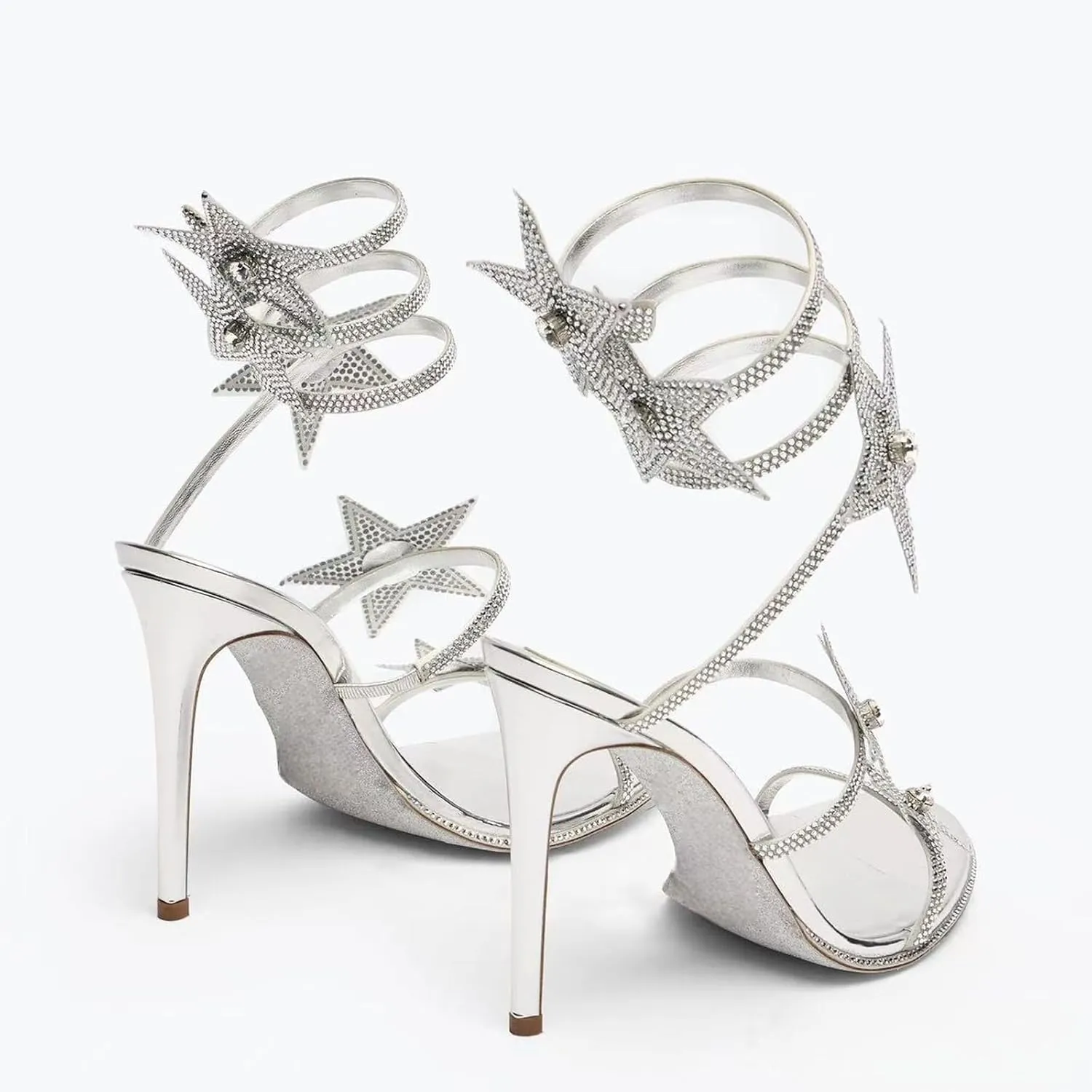Rhinestone Wrap Around Stiletto High Heel Sandals for Women Open Round Toe Lace Up Heels Sparkly Star Decoration Strappy Pumps Dating Dress Wedding Prom Shoes