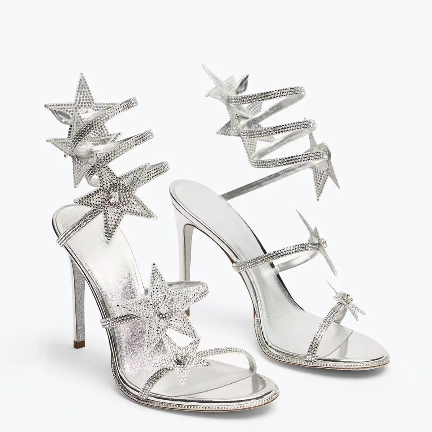 Rhinestone Wrap Around Stiletto High Heel Sandals for Women Open Round Toe Lace Up Heels Sparkly Star Decoration Strappy Pumps Dating Dress Wedding Prom Shoes