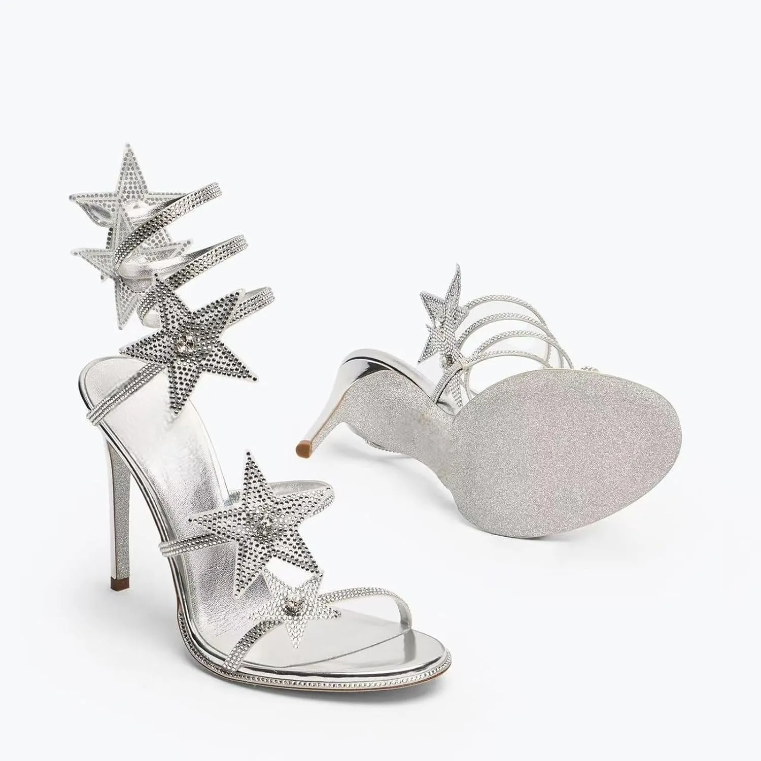 Rhinestone Wrap Around Stiletto High Heel Sandals for Women Open Round Toe Lace Up Heels Sparkly Star Decoration Strappy Pumps Dating Dress Wedding Prom Shoes