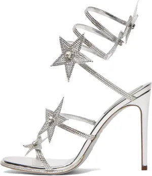 Rhinestone Wrap Around Stiletto High Heel Sandals for Women Open Round Toe Lace Up Heels Sparkly Star Decoration Strappy Pumps Dating Dress Wedding Prom Shoes