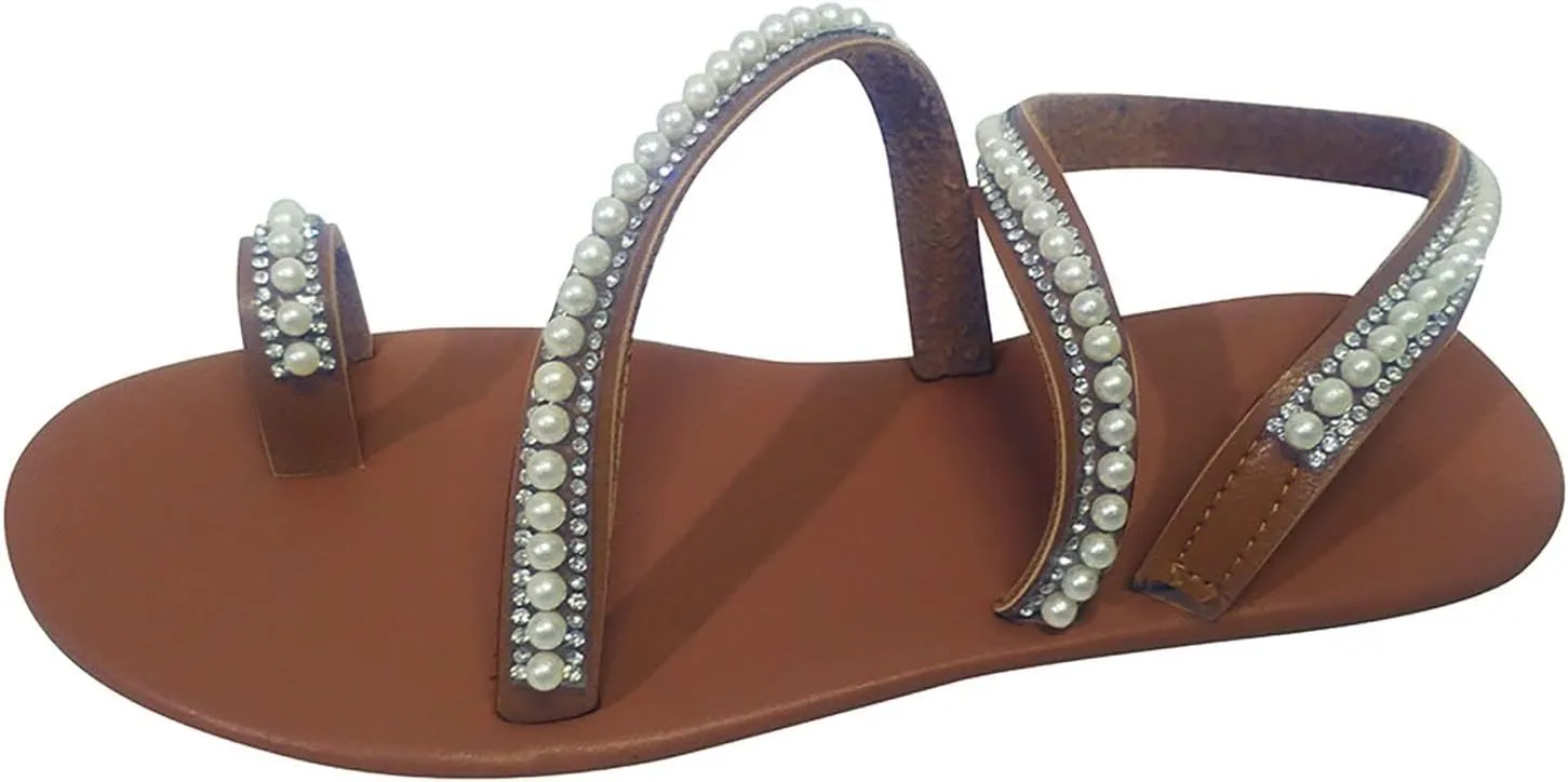 Rhinestones Sandals for Women 2025 Dressy Summer Bohemian Flat Casual Rhinestone Beaded Sparkly Bling Toe Ring Bridal Sandal Comfortable Elastic Ankle Strap Beach Wedding Sandals