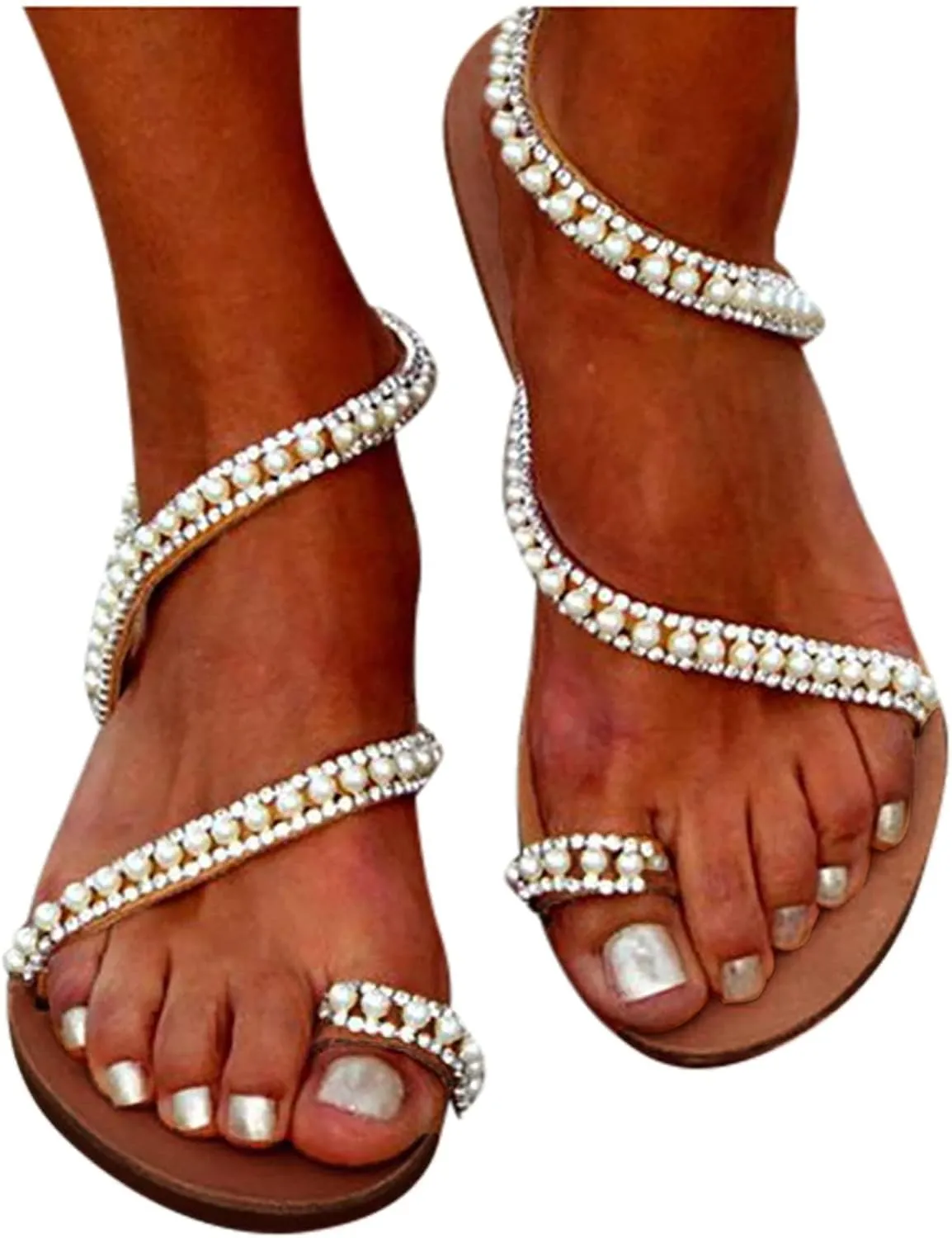 Rhinestones Sandals for Women 2025 Dressy Summer Bohemian Flat Casual Rhinestone Beaded Sparkly Bling Toe Ring Bridal Sandal Comfortable Elastic Ankle Strap Beach Wedding Sandals