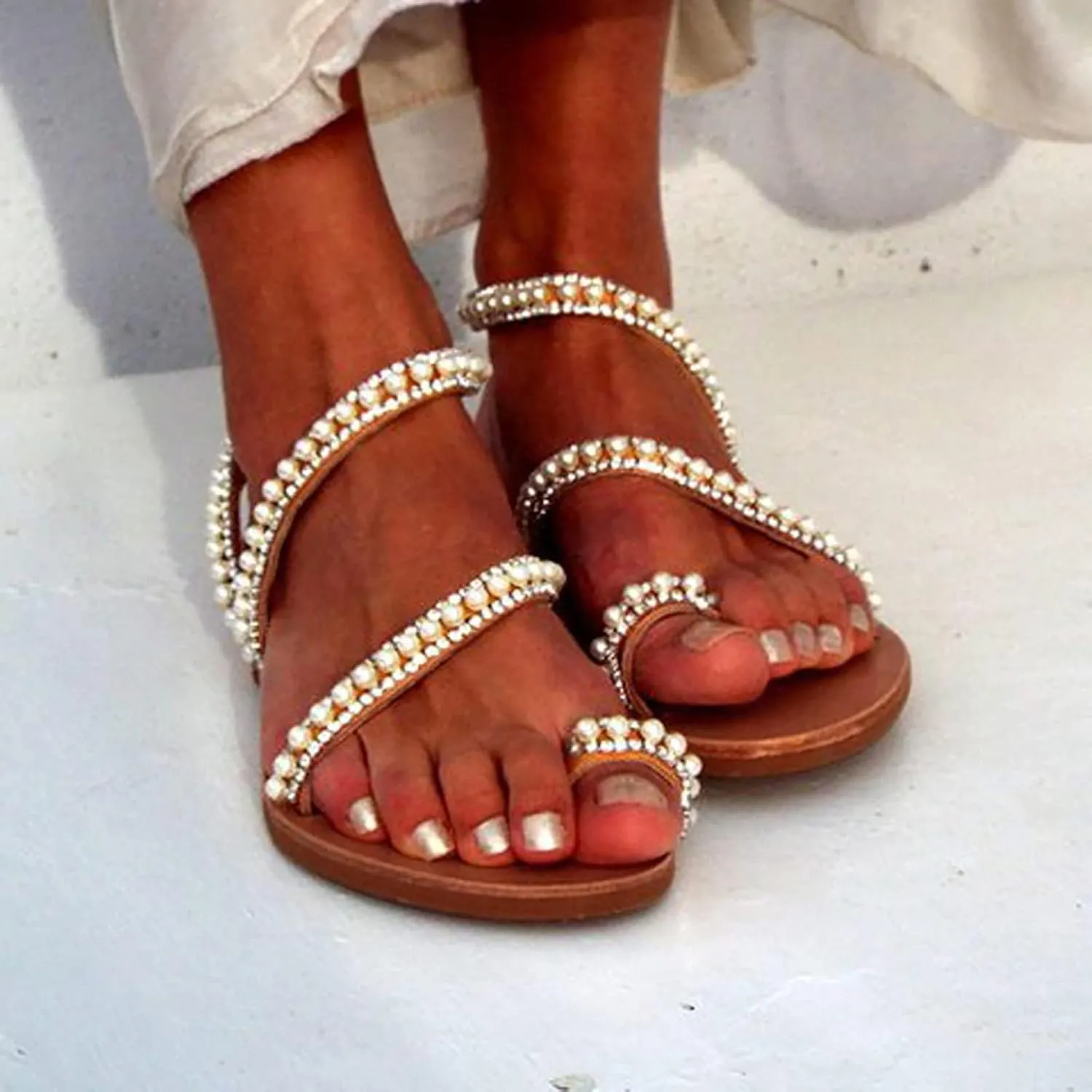 Rhinestones Sandals for Women 2025 Dressy Summer Bohemian Flat Casual Rhinestone Beaded Sparkly Bling Toe Ring Bridal Sandal Comfortable Elastic Ankle Strap Beach Wedding Sandals