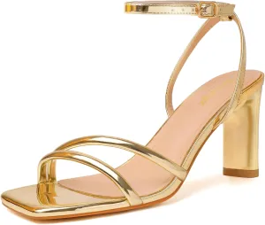 RIBONGZ Womens Strappy Heels Square Open Toe High Heels for Women Ankle Strap Chunky Heeled Sandals Wedding Bridal Shoes Comfort High Heel Sandals Dress Party Shoes