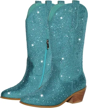 richealnini Cowboy Boots for Women Embroidered Pull-On Mid Calf Booties