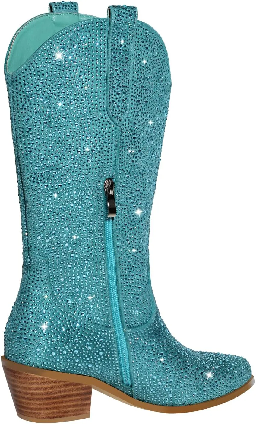 richealnini Cowboy Boots for Women Embroidered Pull-On Mid Calf Booties