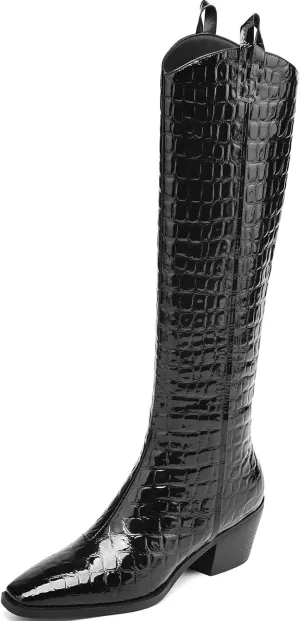Riding Boots for Women Knee High Boots Chunky Crocodile Boots Low Heel Tall Boots Sexy Fall Boots Pointed Toe