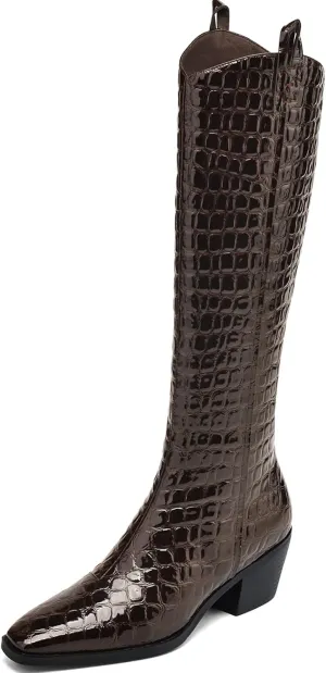 Riding Boots for Women Knee High Boots Chunky Crocodile Boots Low Heel Tall Boots Sexy Fall Boots Pointed Toe