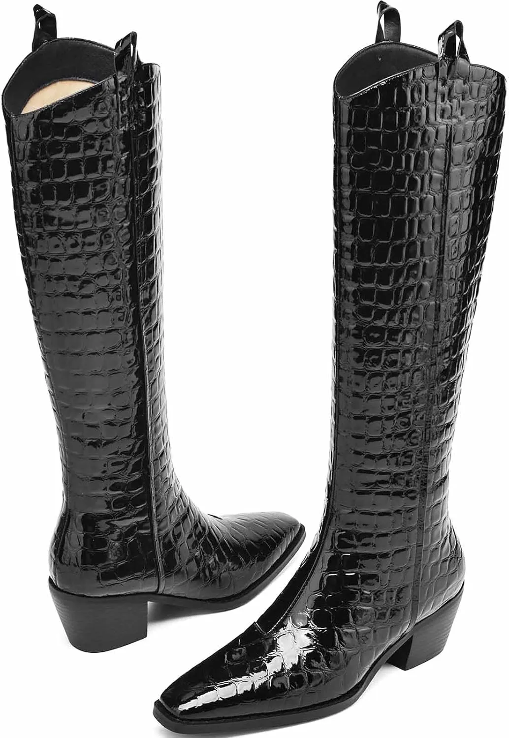 Riding Boots for Women Knee High Boots Chunky Crocodile Boots Low Heel Tall Boots Sexy Fall Boots Pointed Toe