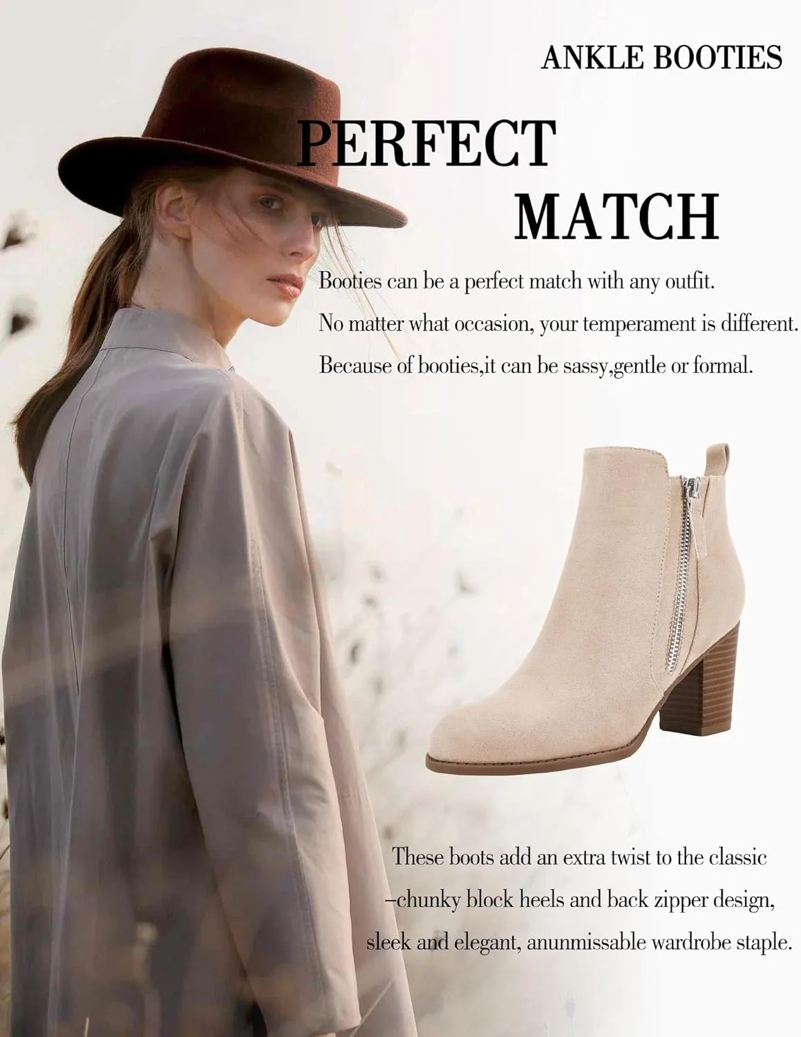 Rilista Ankle Boots for Women Chunky Block Heel Side Zipper Pointd Toe Suede Fall Winter Bootie Shoes