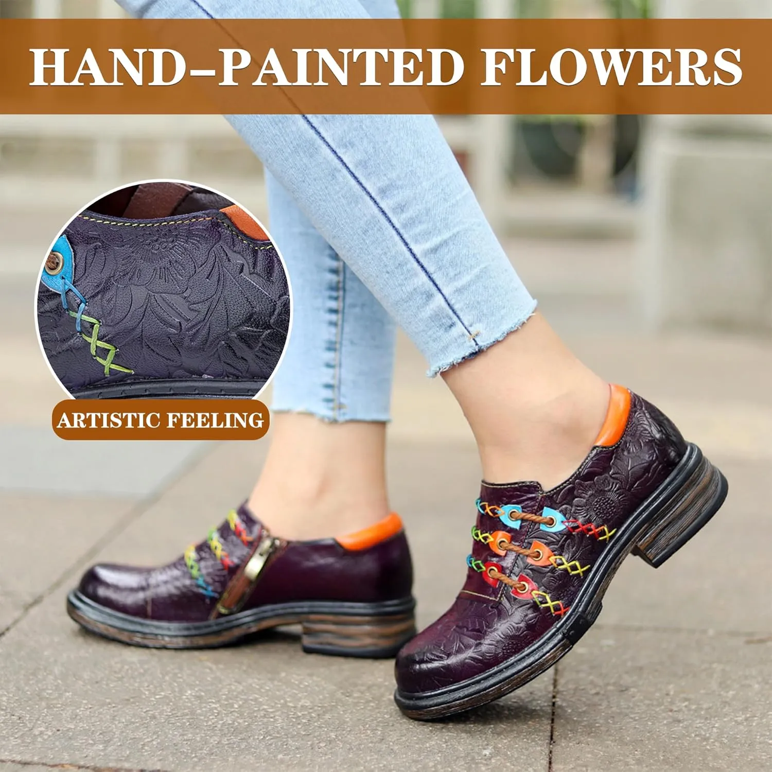 Riutiru Women's Handmade Lambskin Mary Jane Loafers Shoes, Retro Ethnic Print Style and Brock-Style Design