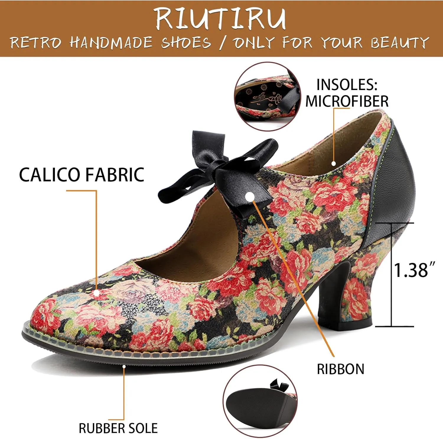 Riutiru Women's Handmade Lambskin Mary Jane Loafers Shoes, Retro Ethnic Print Style and Brock-Style Design