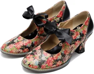 Riutiru Women's Handmade Lambskin Mary Jane Loafers Shoes, Retro Ethnic Print Style and Brock-Style Design