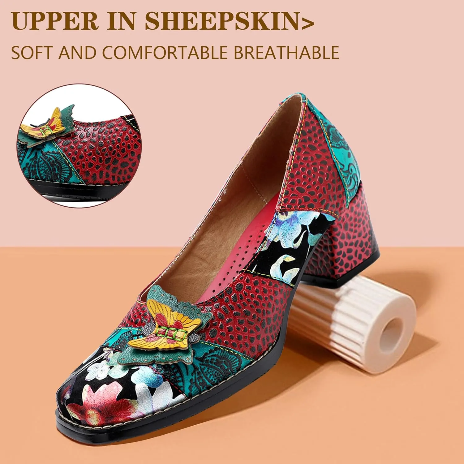 Riutiru Women's Handmade Lambskin Mary Jane Loafers Shoes, Retro Ethnic Print Style and Brock-Style Design