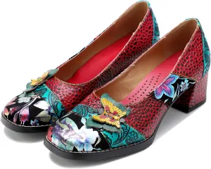 Riutiru Women's Handmade Lambskin Mary Jane Loafers Shoes, Retro Ethnic Print Style and Brock-Style Design