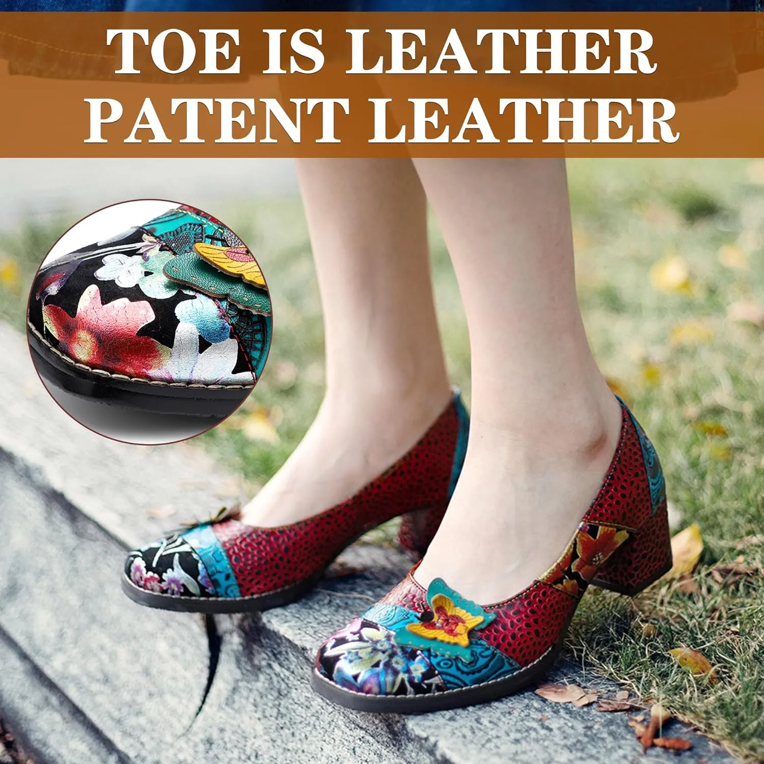 Riutiru Women's Handmade Lambskin Mary Jane Loafers Shoes, Retro Ethnic Print Style and Brock-Style Design