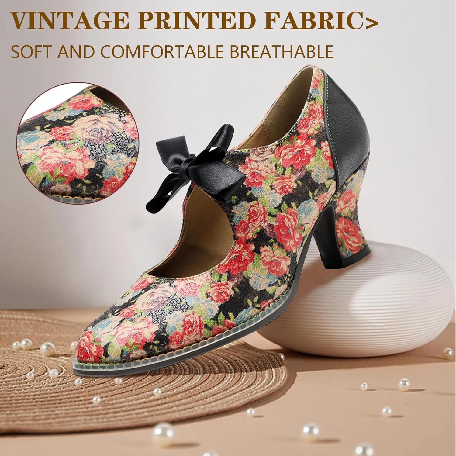 Riutiru Women's Handmade Lambskin Mary Jane Loafers Shoes, Retro Ethnic Print Style and Brock-Style Design