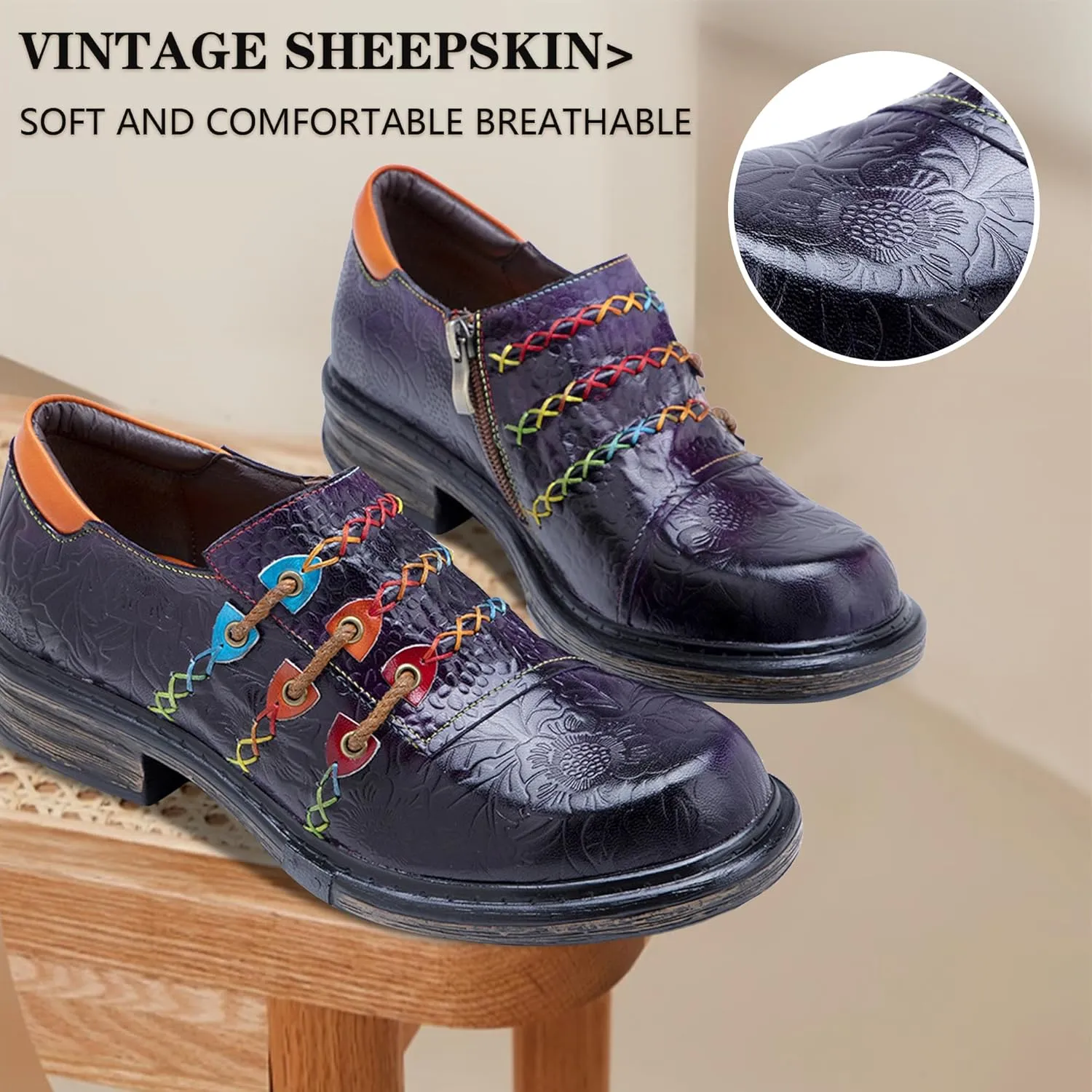 Riutiru Women's Handmade Lambskin Mary Jane Loafers Shoes, Retro Ethnic Print Style and Brock-Style Design