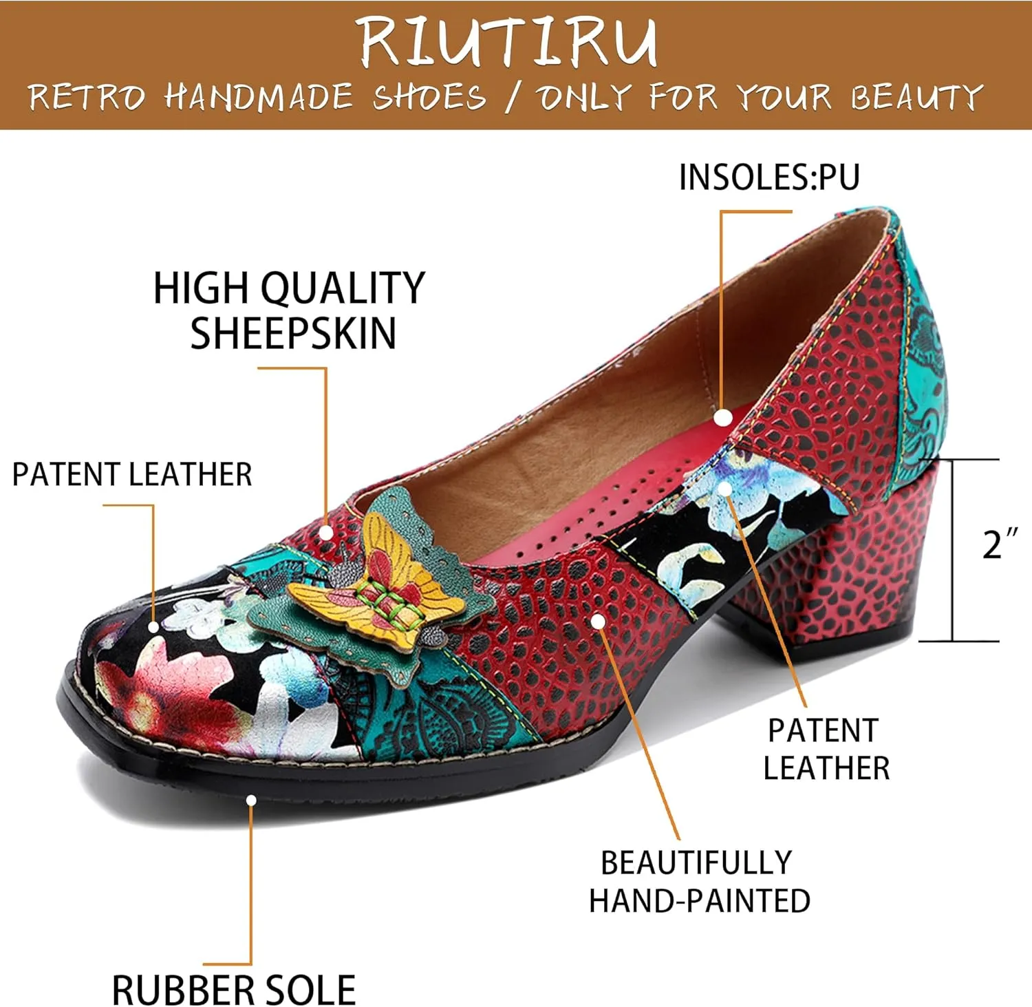 Riutiru Women's Handmade Lambskin Mary Jane Loafers Shoes, Retro Ethnic Print Style and Brock-Style Design