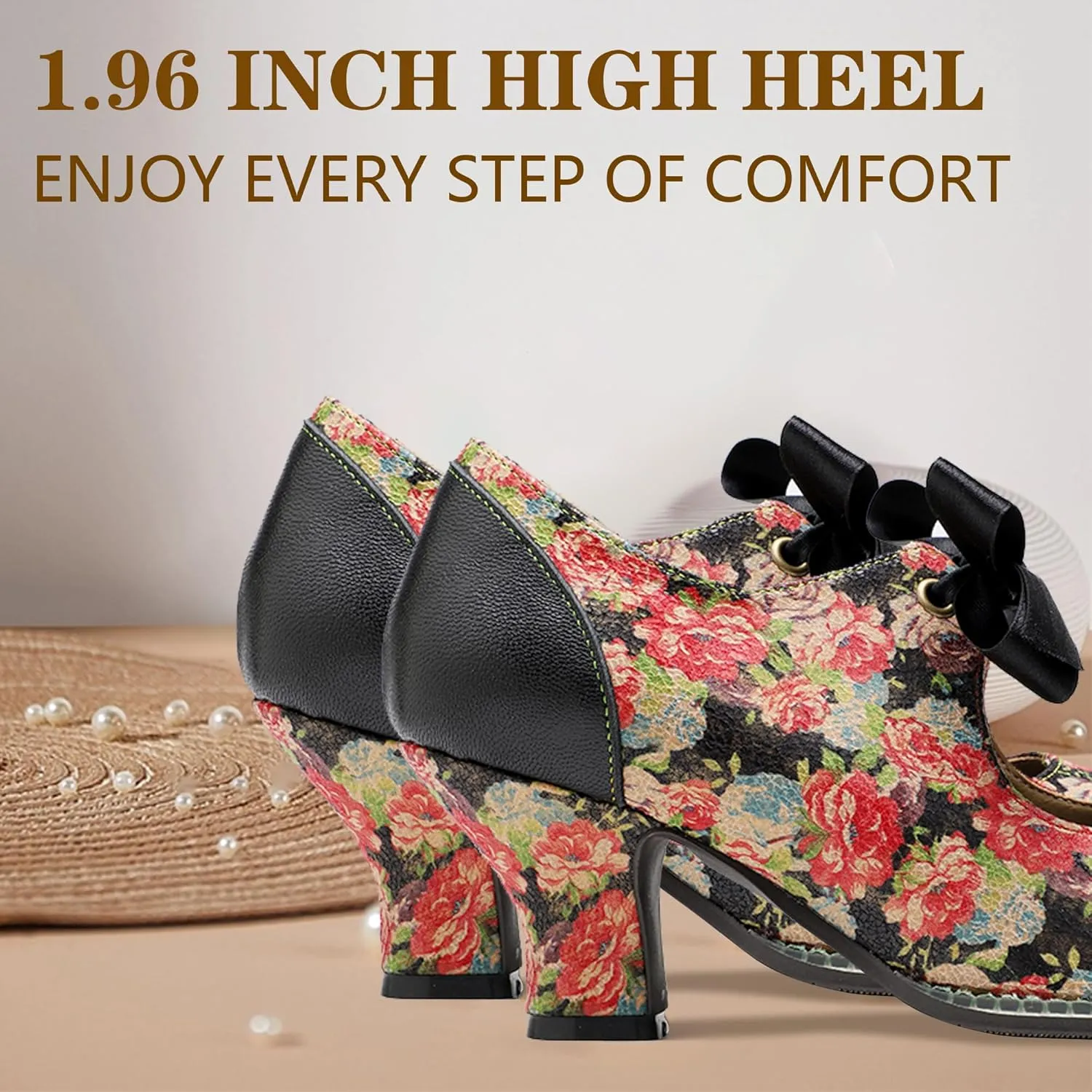Riutiru Women's Handmade Lambskin Mary Jane Loafers Shoes, Retro Ethnic Print Style and Brock-Style Design