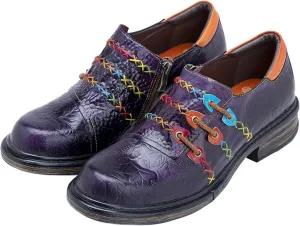 Riutiru Women's Handmade Lambskin Mary Jane Loafers Shoes, Retro Ethnic Print Style and Brock-Style Design