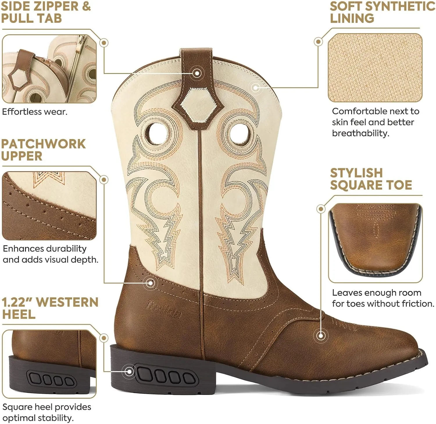 Rollda Boys Cowboy Boots Kids Cowgirl Boots Square Toe Boys Western Boots for Little Kid Big Kid