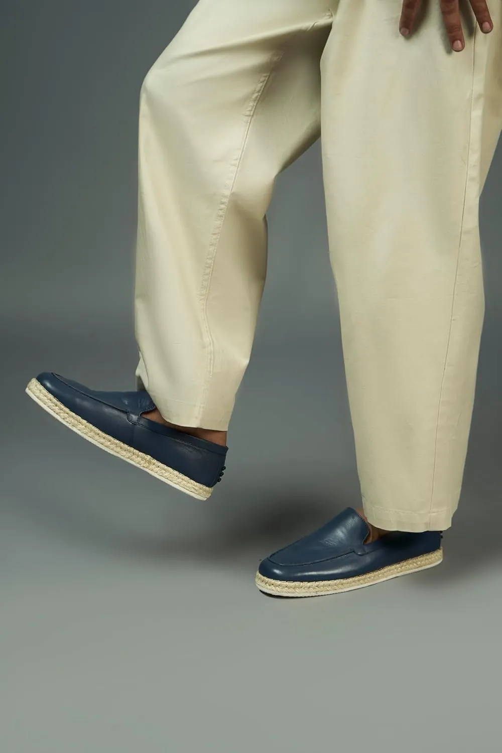 Rome Navy Leather Espadrilles, Men's Casual Loafers with EVA Sole
