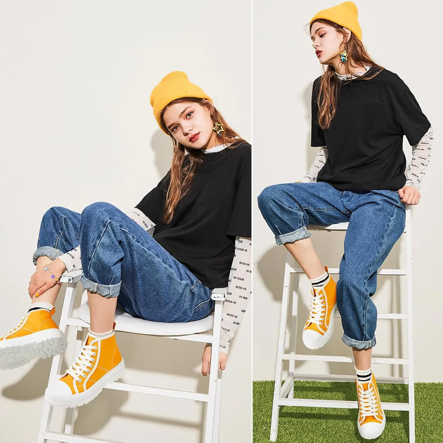 Rominz Women's White Platform Sneakers Fashion High Top Canvas Shoes for Women Black Lace-Up Canvas Sneakers Casual Platform Tennis Shoes