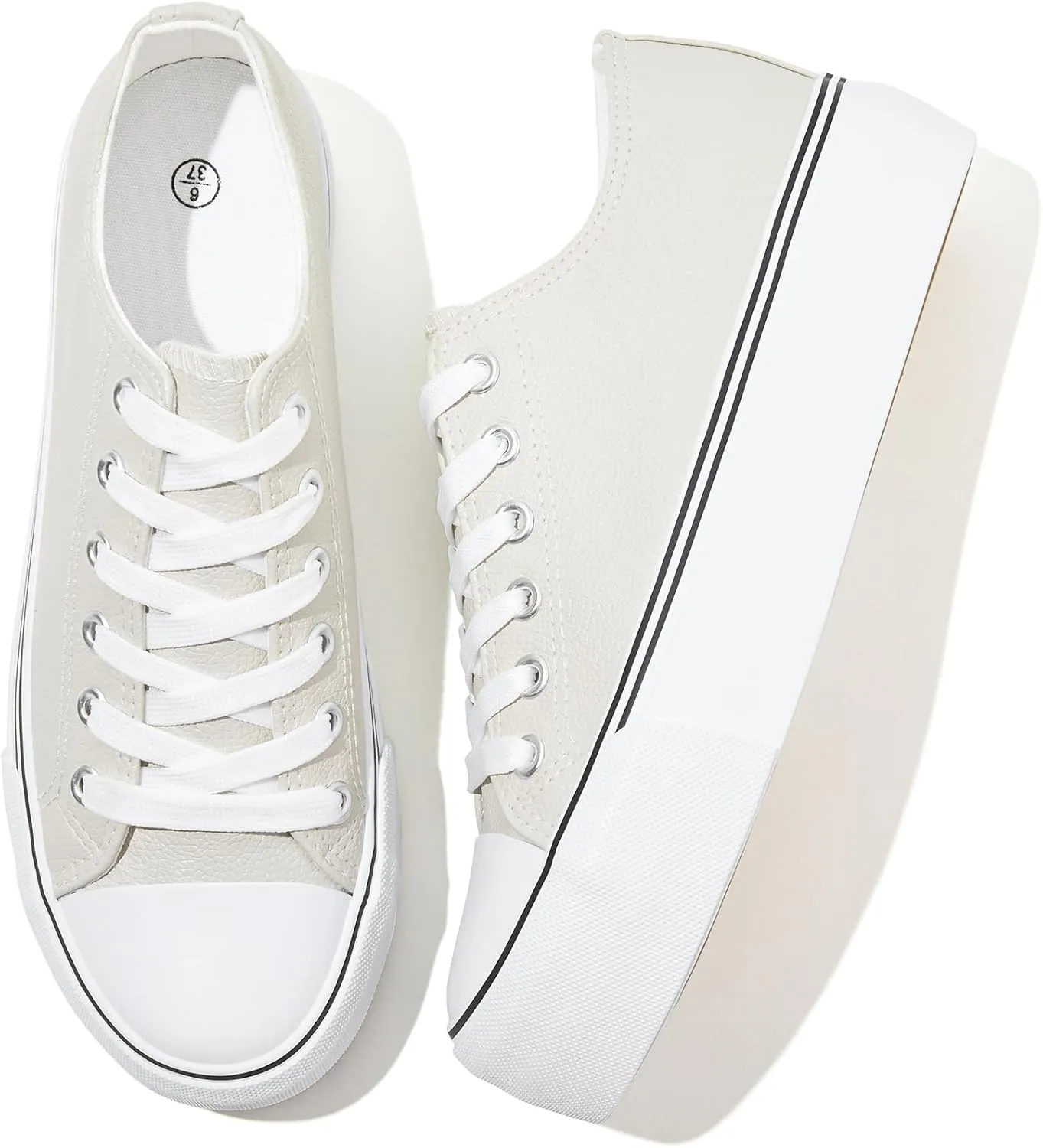 Rominz Women's White Platform Sneakers PU Leather Platform Shoes Classic Black Low Top Sneakers Casual Walking Shoes for Women