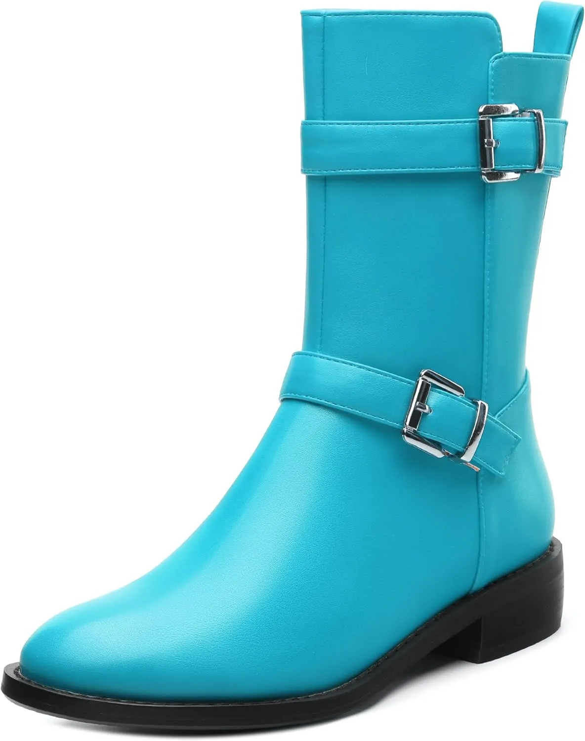 ROSERWISH Mid Calf Boots for Women Riding Ankle Boots Round Toe Low Chunky Heel Short Boots Fashion Fall Winter Combat Booties Buckle Style Dress Boots with Zipper