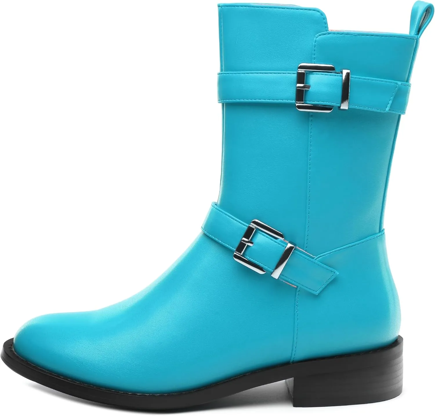 ROSERWISH Mid Calf Boots for Women Riding Ankle Boots Round Toe Low Chunky Heel Short Boots Fashion Fall Winter Combat Booties Buckle Style Dress Boots with Zipper