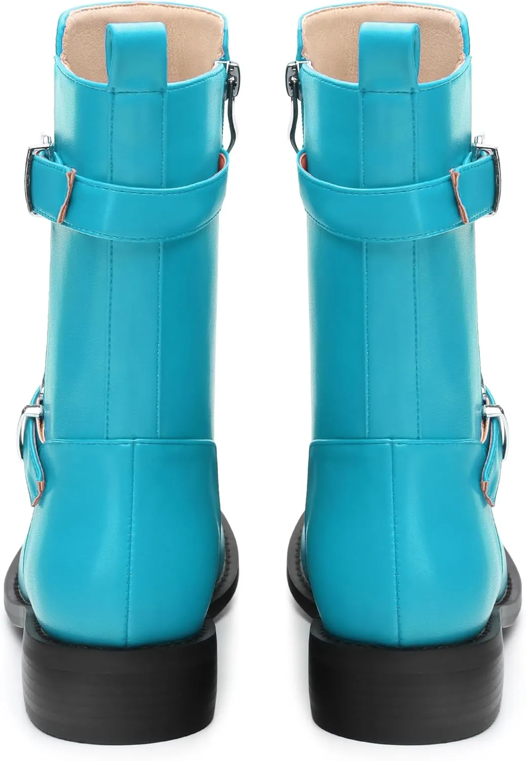ROSERWISH Mid Calf Boots for Women Riding Ankle Boots Round Toe Low Chunky Heel Short Boots Fashion Fall Winter Combat Booties Buckle Style Dress Boots with Zipper