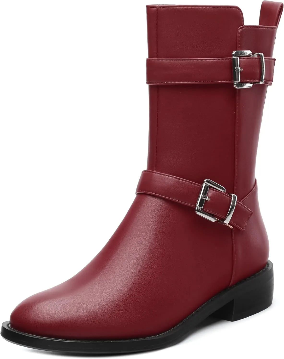 ROSERWISH Mid Calf Boots for Women Riding Ankle Boots Round Toe Low Chunky Heel Short Boots Fashion Fall Winter Combat Booties Buckle Style Dress Boots with Zipper