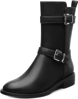 ROSERWISH Mid Calf Boots for Women Riding Ankle Boots Round Toe Low Chunky Heel Short Boots Fashion Fall Winter Combat Booties Buckle Style Dress Boots with Zipper