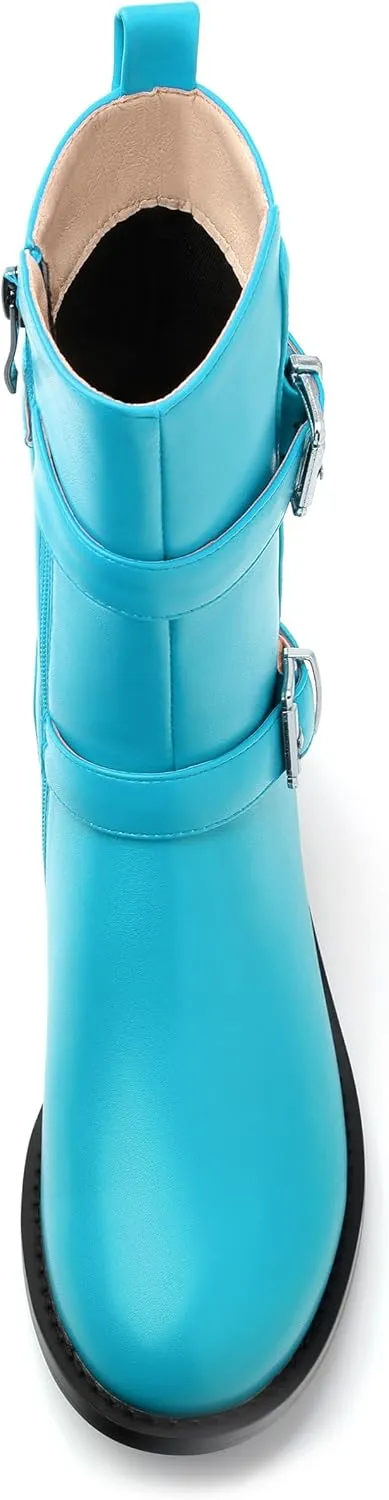ROSERWISH Mid Calf Boots for Women Riding Ankle Boots Round Toe Low Chunky Heel Short Boots Fashion Fall Winter Combat Booties Buckle Style Dress Boots with Zipper