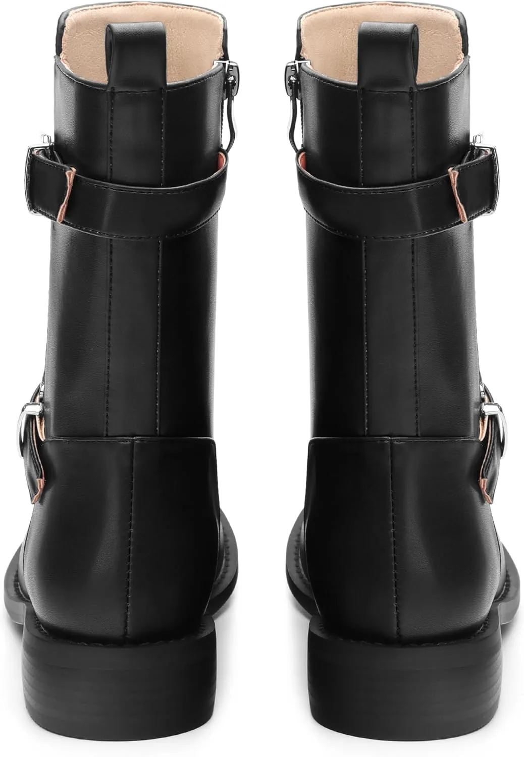 ROSERWISH Mid Calf Boots for Women Riding Ankle Boots Round Toe Low Chunky Heel Short Boots Fashion Fall Winter Combat Booties Buckle Style Dress Boots with Zipper