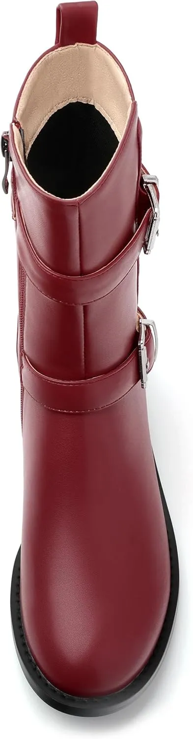 ROSERWISH Mid Calf Boots for Women Riding Ankle Boots Round Toe Low Chunky Heel Short Boots Fashion Fall Winter Combat Booties Buckle Style Dress Boots with Zipper