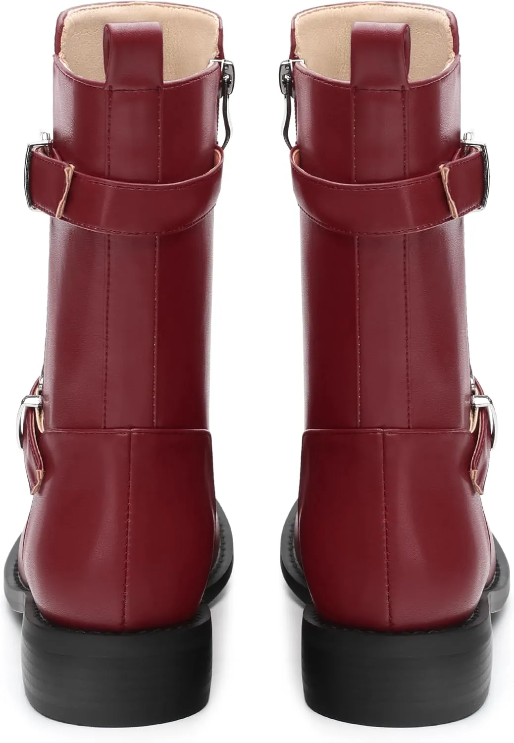 ROSERWISH Mid Calf Boots for Women Riding Ankle Boots Round Toe Low Chunky Heel Short Boots Fashion Fall Winter Combat Booties Buckle Style Dress Boots with Zipper