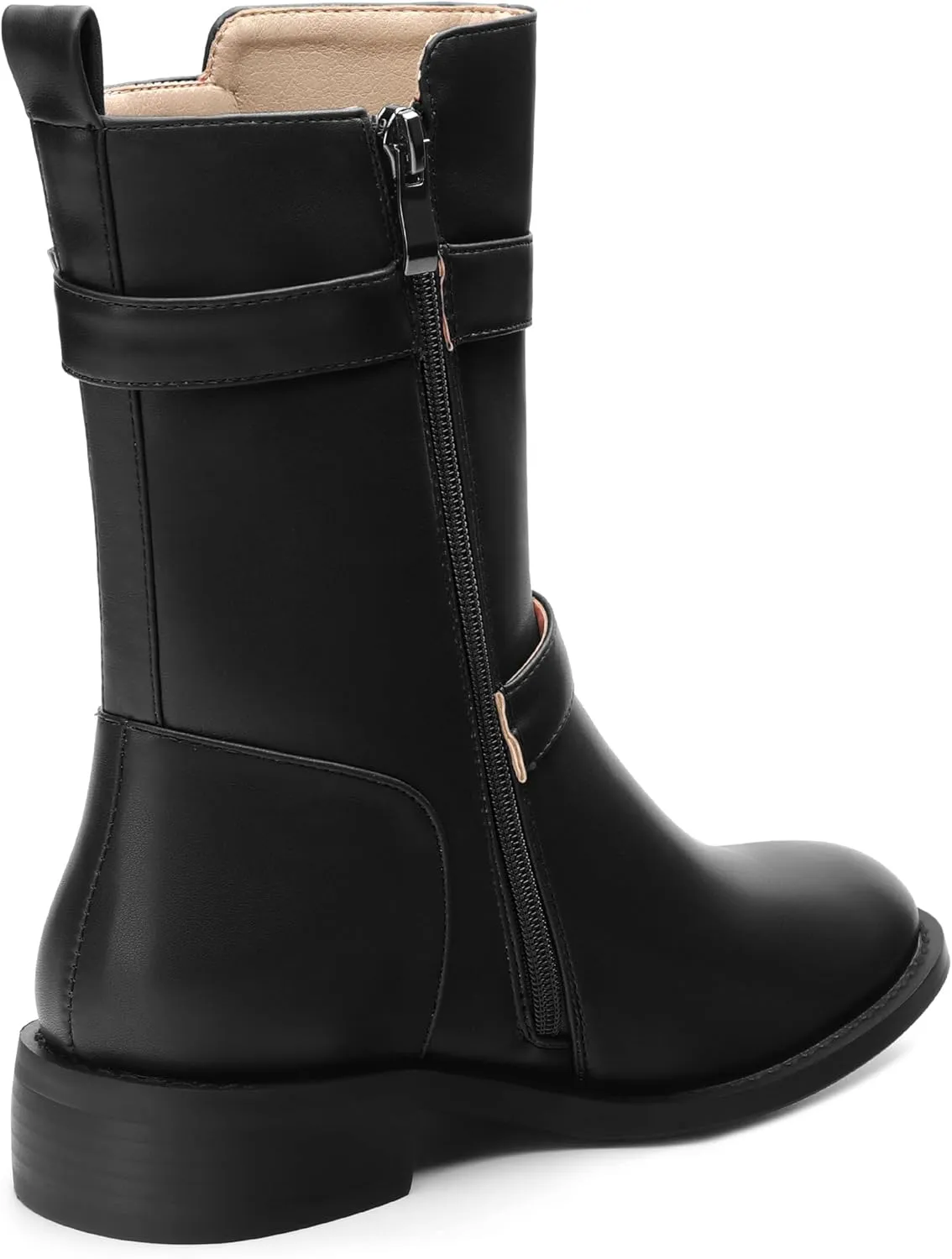 ROSERWISH Mid Calf Boots for Women Riding Ankle Boots Round Toe Low Chunky Heel Short Boots Fashion Fall Winter Combat Booties Buckle Style Dress Boots with Zipper