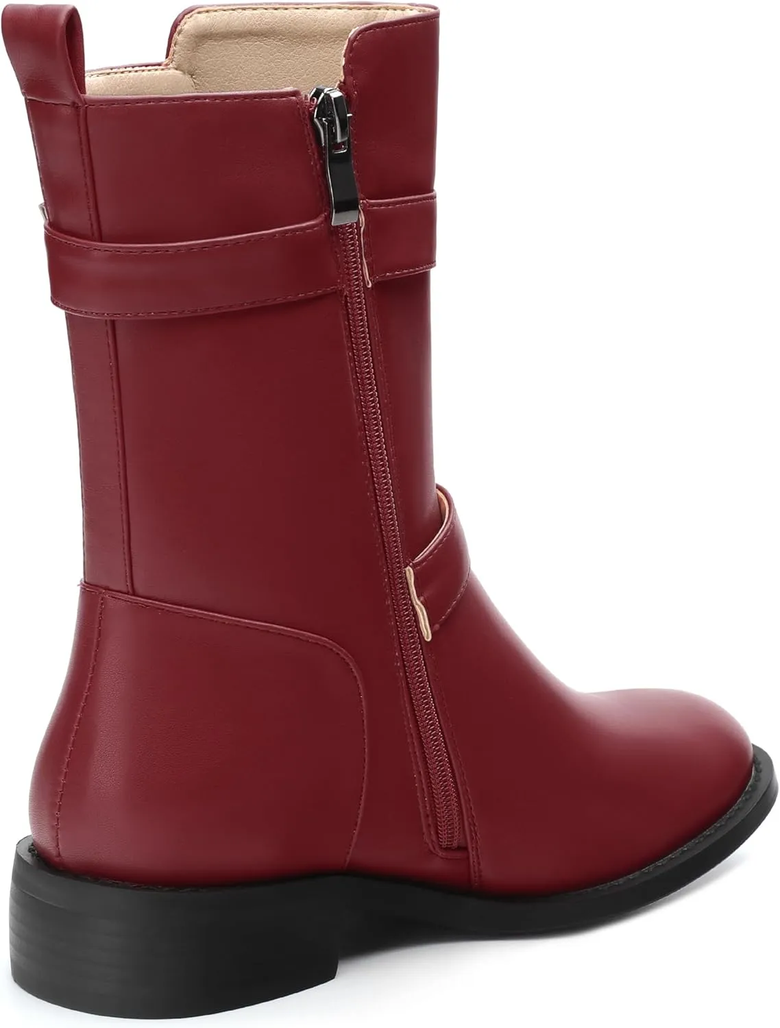 ROSERWISH Mid Calf Boots for Women Riding Ankle Boots Round Toe Low Chunky Heel Short Boots Fashion Fall Winter Combat Booties Buckle Style Dress Boots with Zipper