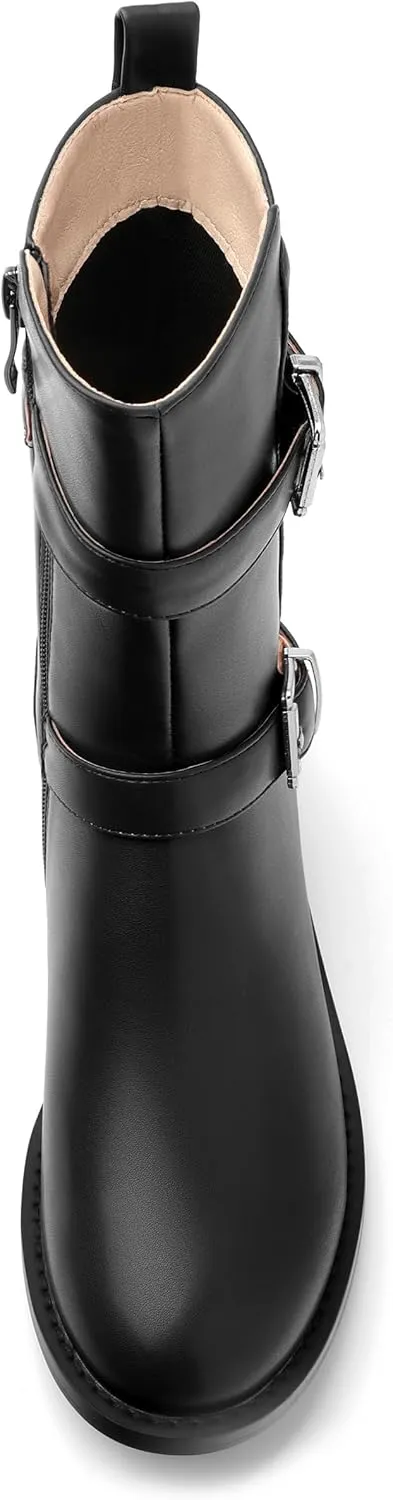 ROSERWISH Mid Calf Boots for Women Riding Ankle Boots Round Toe Low Chunky Heel Short Boots Fashion Fall Winter Combat Booties Buckle Style Dress Boots with Zipper