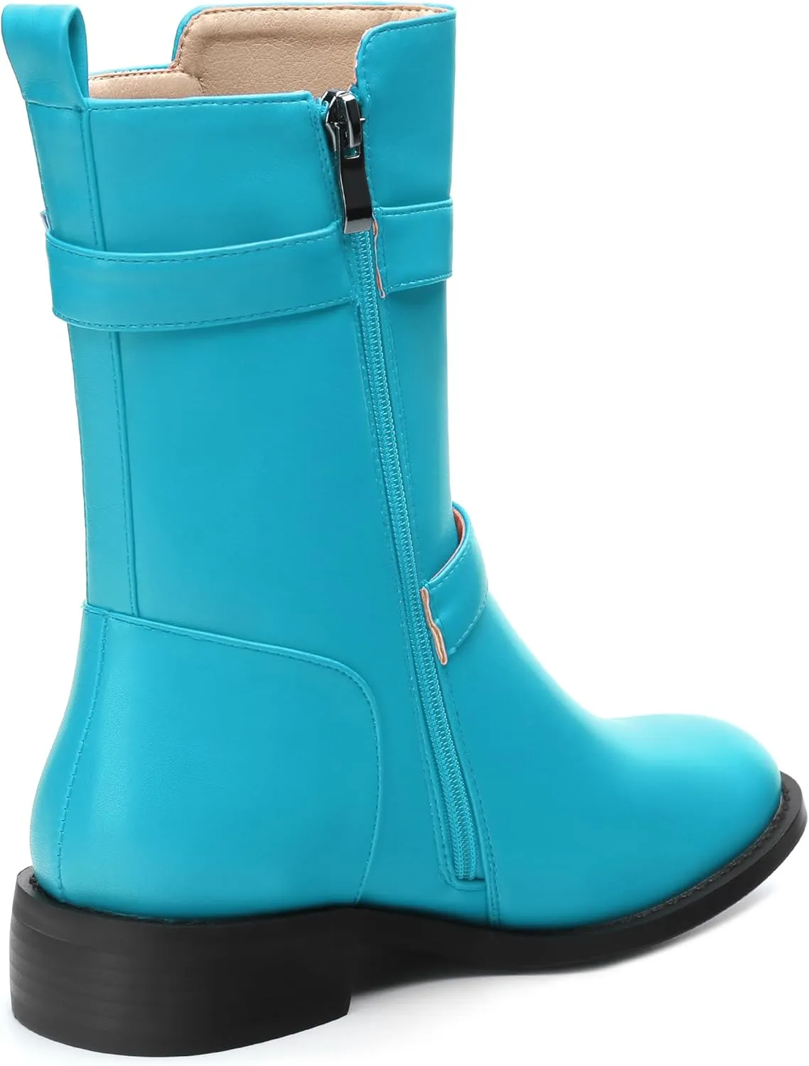 ROSERWISH Mid Calf Boots for Women Riding Ankle Boots Round Toe Low Chunky Heel Short Boots Fashion Fall Winter Combat Booties Buckle Style Dress Boots with Zipper