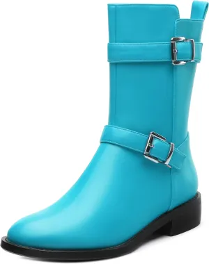 ROSERWISH Mid Calf Boots for Women Riding Ankle Boots Round Toe Low Chunky Heel Short Boots Fashion Fall Winter Combat Booties Buckle Style Dress Boots with Zipper